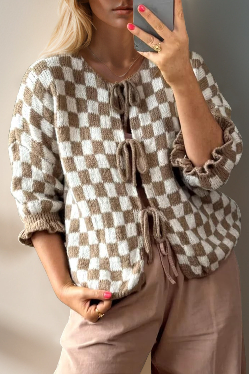 Tied Checkered Dropped Shoulder Flounce Sleeve Cardigan