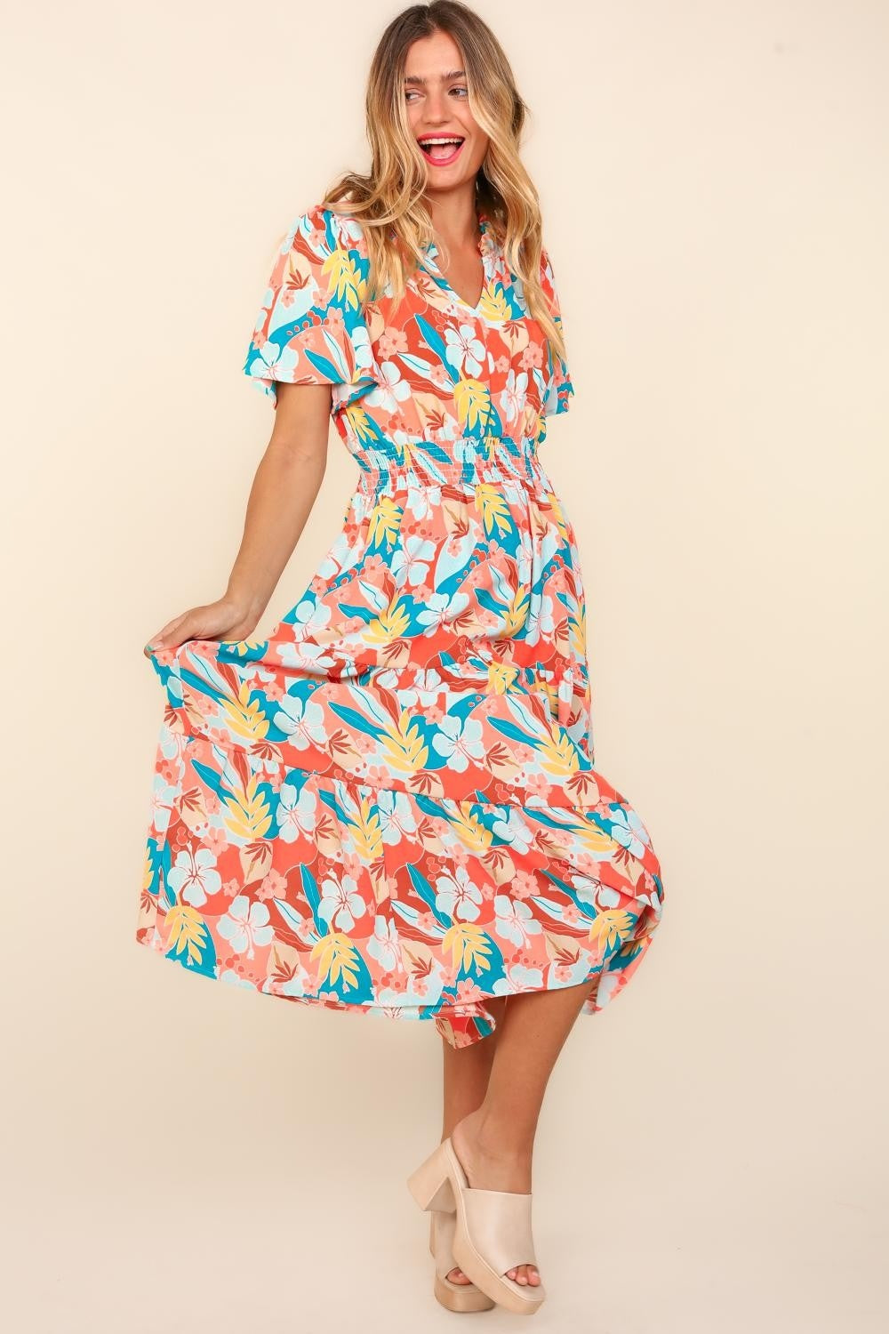 Tropical Floral Tiered Dress with Side Pockets