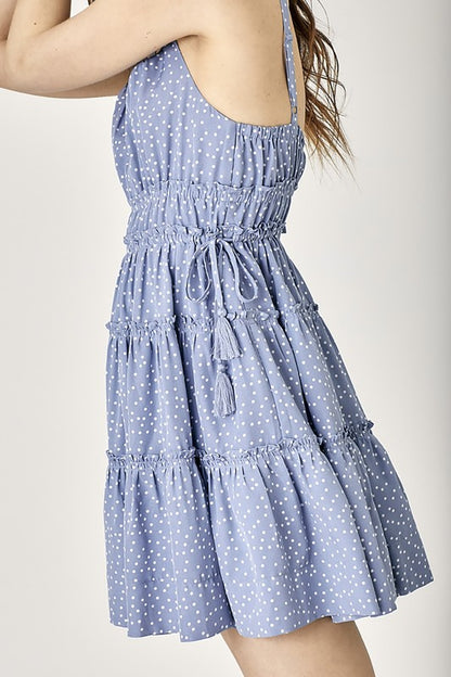 SIDE TASSEL STRAP TIERED POLKA DOT DRESS