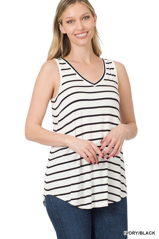 STRIPE SLEEVELESS V-NECK TOP