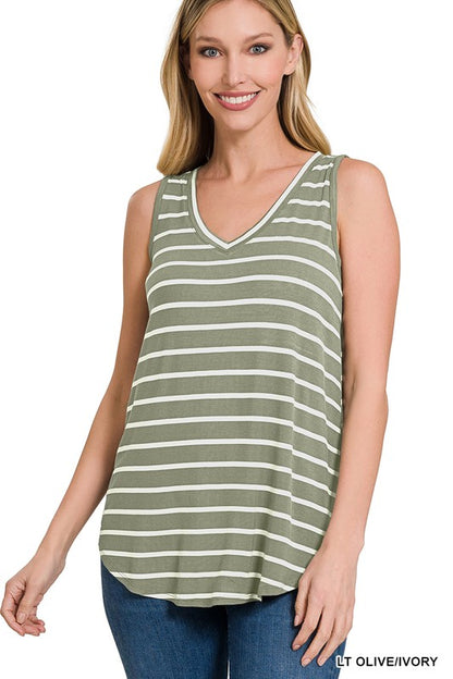 STRIPE SLEEVELESS V-NECK TOP