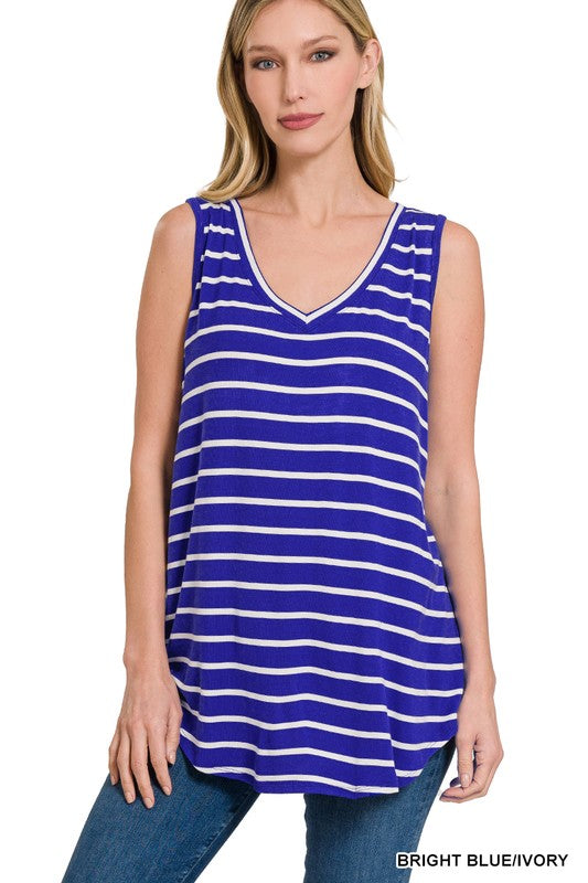 STRIPE SLEEVELESS V-NECK TOP