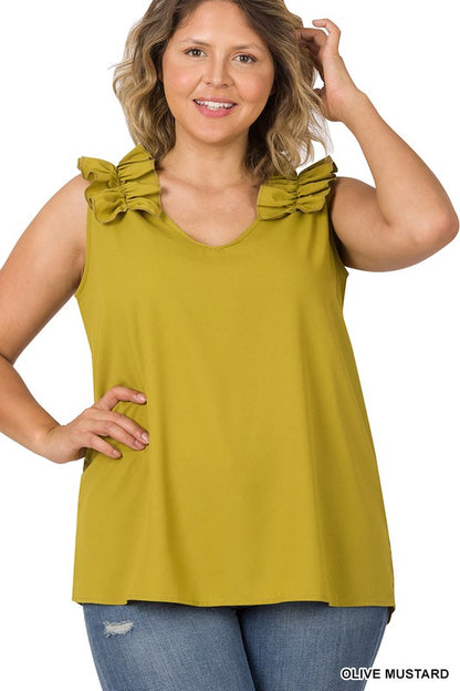 PLUS WOVEN WOOL DOBBY RUFFLE TRIM SLEEVELESS TOP