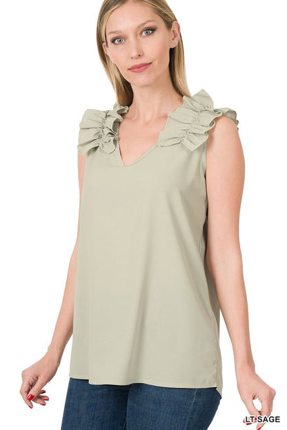 WOVEN WOOL DOBBY RUFFLE TRIM SLEEVELESS TOP