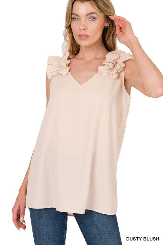 WOVEN WOOL DOBBY RUFFLE TRIM SLEEVELESS TOP