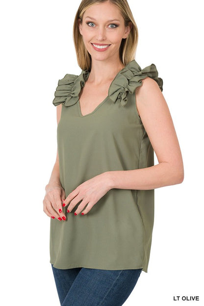 WOVEN WOOL DOBBY RUFFLE TRIM SLEEVELESS TOP