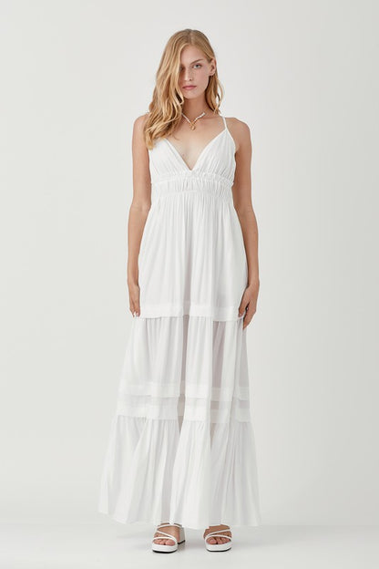 SHIRRED RUFFLE FOLDED DETAIL MAXI DRESS