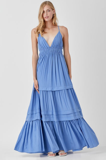 SHIRRED RUFFLE FOLDED DETAIL MAXI DRESS