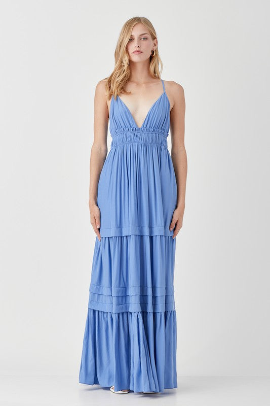 SHIRRED RUFFLE FOLDED DETAIL MAXI DRESS