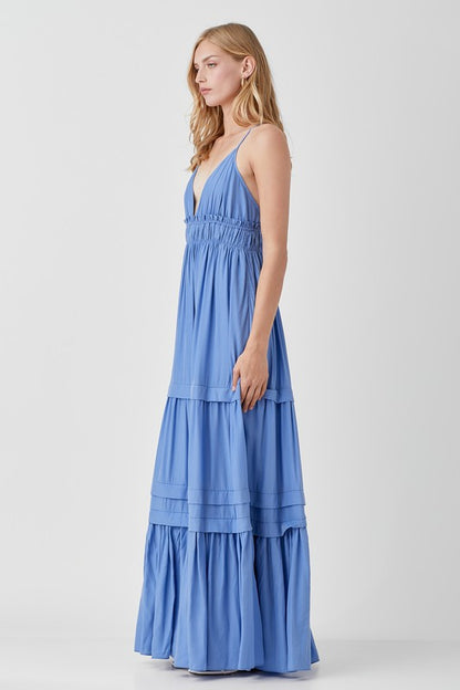 SHIRRED RUFFLE FOLDED DETAIL MAXI DRESS