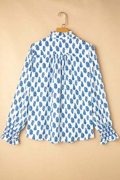 Frill Printed Button Up Long Sleeve Shirt