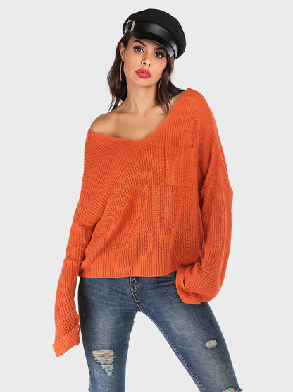 V-Neck Dropped Shoulder Long Sleeve Sweater