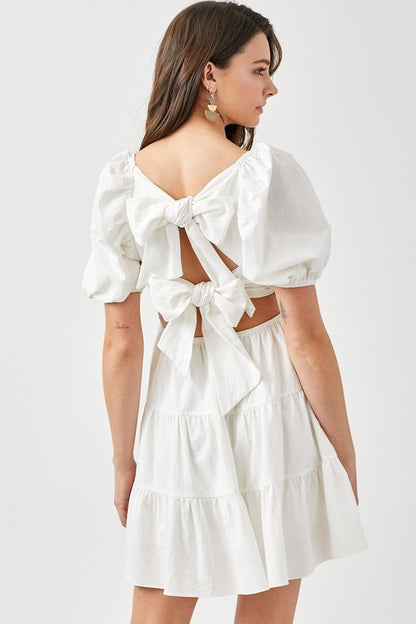 PUFF SLEEVE BACK DOUBLE TIE TIERED DRESS