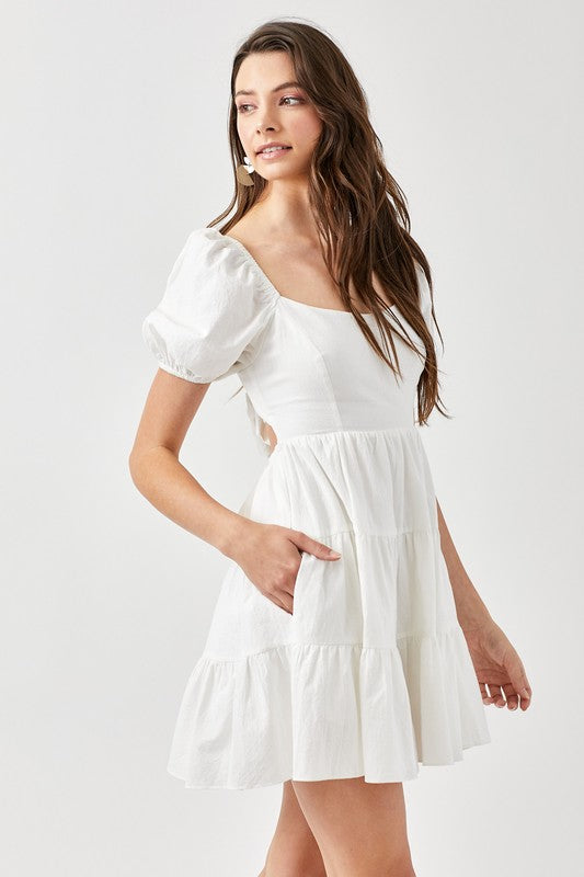 PUFF SLEEVE BACK DOUBLE TIE TIERED DRESS