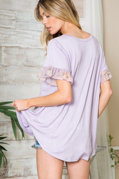 Ruffle Sleeve Contrast V Neck