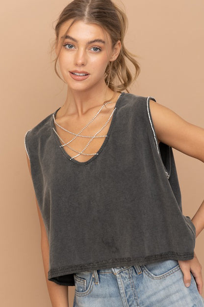 MINERAL WASHED  CROP RHINESTONE TANK