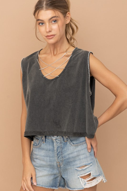 MINERAL WASHED  CROP RHINESTONE TANK