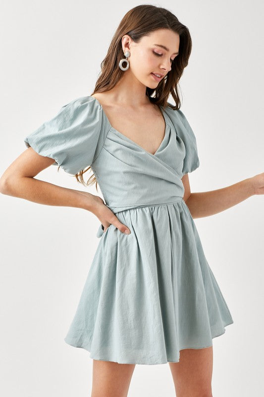 CROSS WRAP FRONT PUFF SLEEVE DRESS