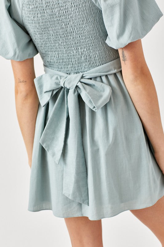 CROSS WRAP FRONT PUFF SLEEVE DRESS