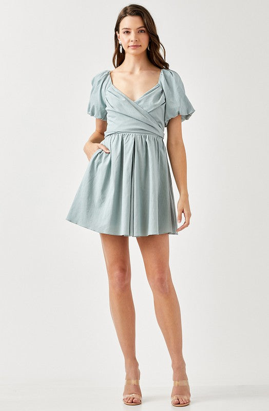 CROSS WRAP FRONT PUFF SLEEVE DRESS