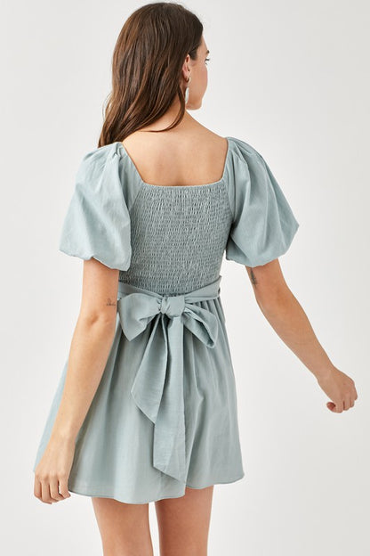 CROSS WRAP FRONT PUFF SLEEVE DRESS