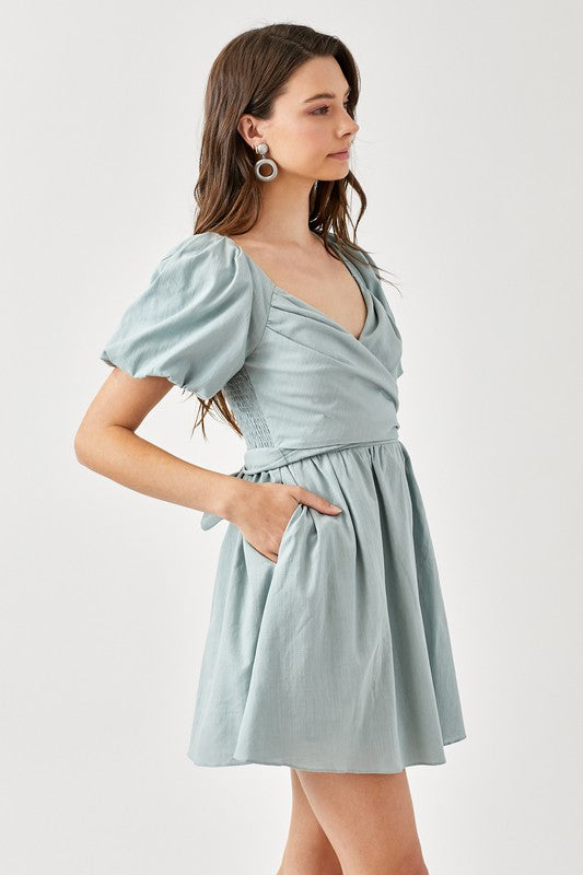 CROSS WRAP FRONT PUFF SLEEVE DRESS