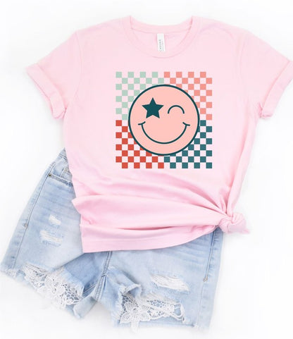 Checkered Colorful Smiley Face Crew Tee