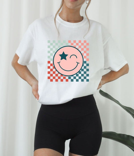 Checkered Colorful Smiley Face Crew Tee