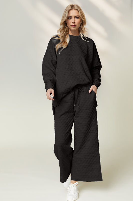 Checkered Slit High-Low Round Neck Top and Wide Leg Pants Set