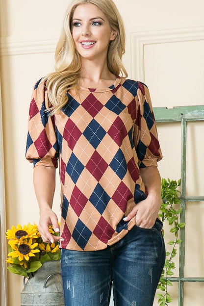 Argyle Print Puff Sleeve Knit Jersey Top