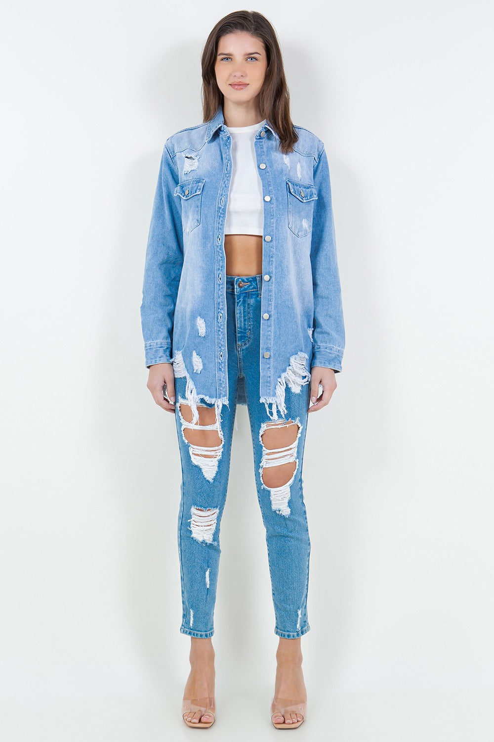 Raw Hem Distressed Long Sleeve Denim Jacket