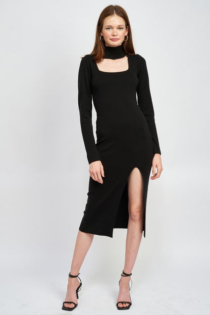 MOCK NECK MIDI DRESS WITH SLIT