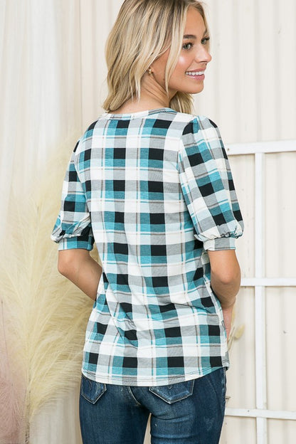 Plaid Puff Sleeve Jersey Top