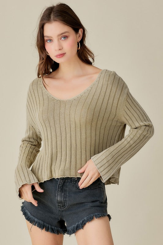 V NECK WASHED CROP SWEATER