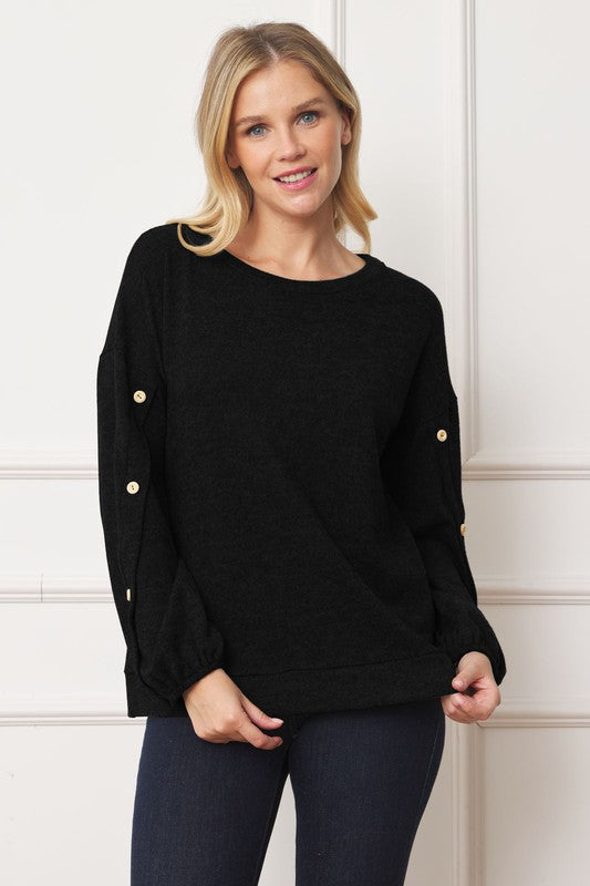 Drop Shoulder Button Sleeve Detail Top