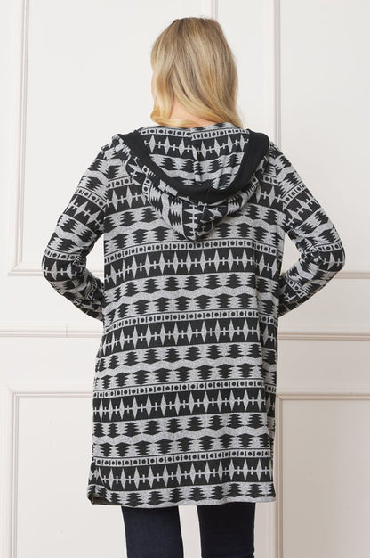 Long Tribal Print Hooded Cardigan