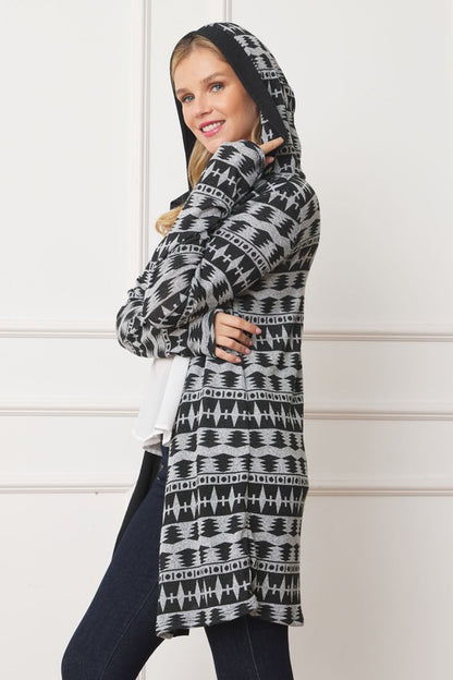 Long Tribal Print Hooded Cardigan