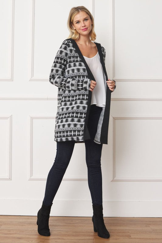 Long Tribal Print Hooded Cardigan