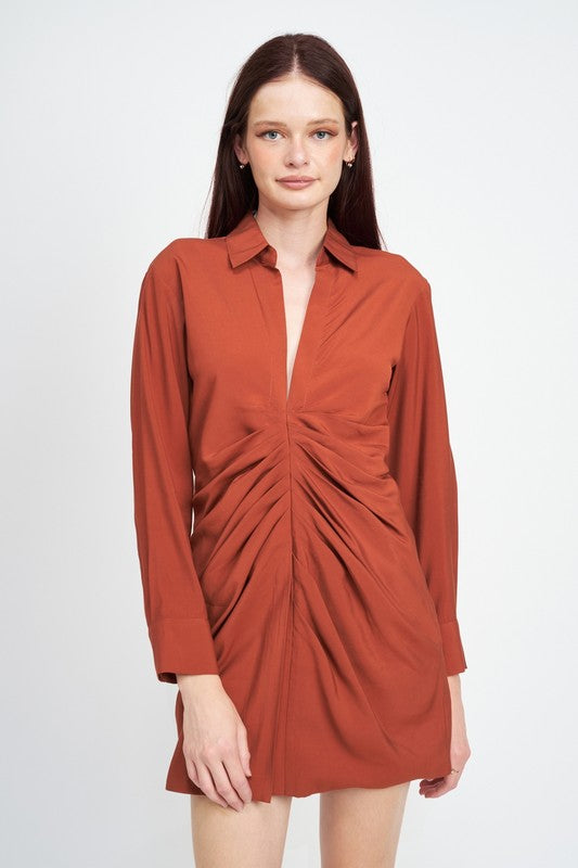 RUCHED MINI SHIRT DRESS