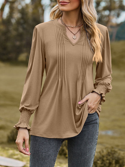 Ruched Notched Long Sleeve T-Shirt