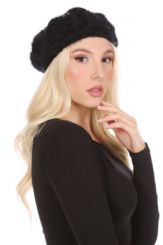 RHINESTONE FAUX FUR BERET