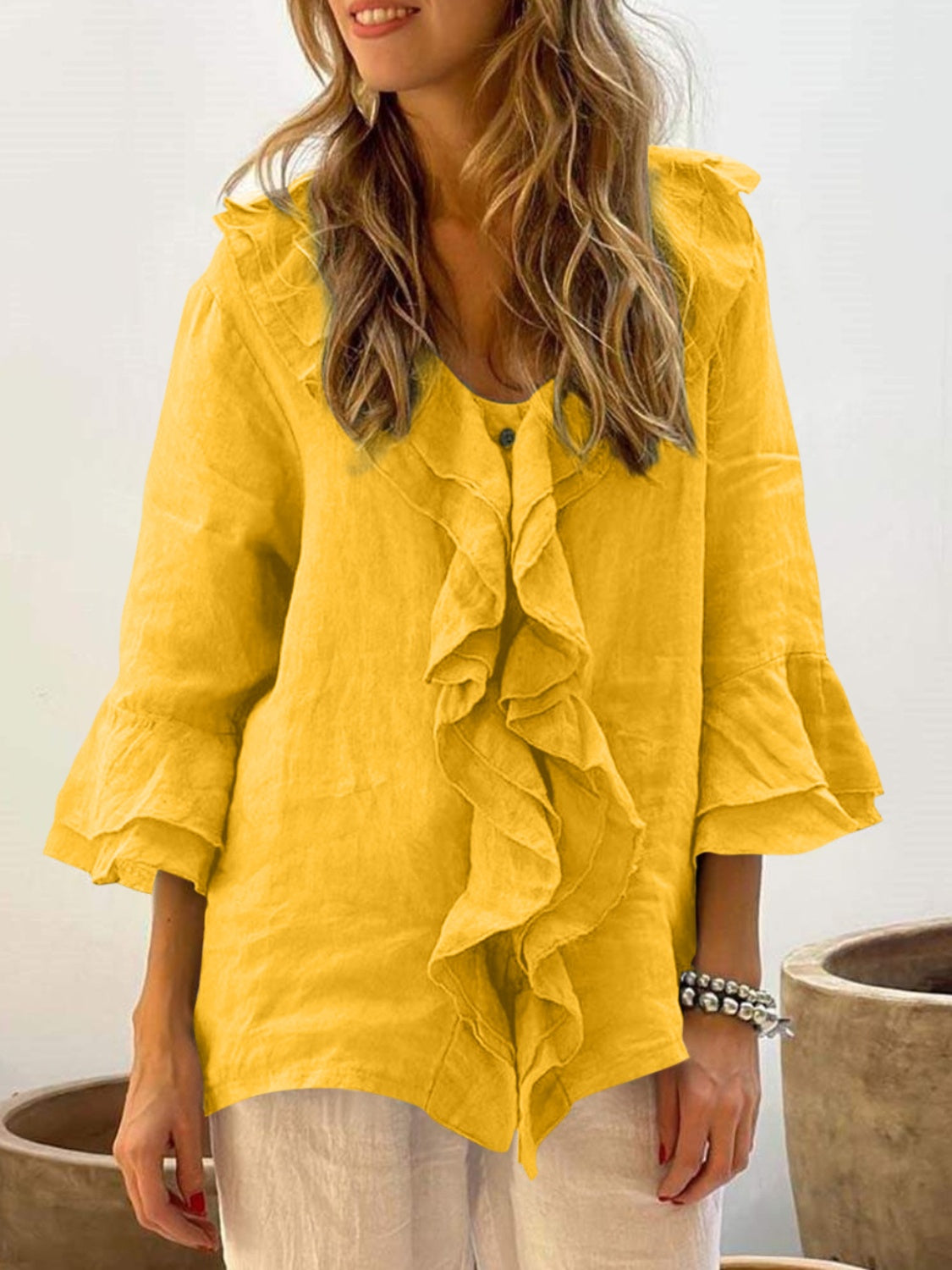 Ruffled V-Neck Flounce Sleeve Blouse