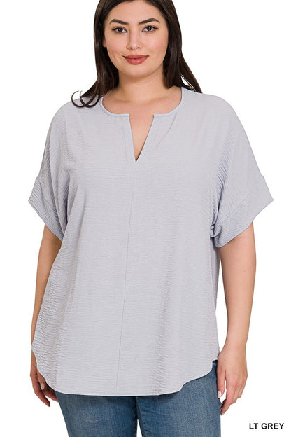 WOVEN AIRFLOW SPLIT NECK SHORT SLEEVE TOP