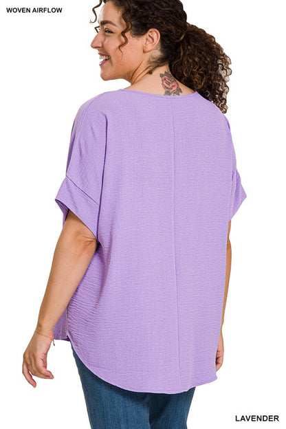 WOVEN AIRFLOW SPLIT NECK SHORT SLEEVE TOP