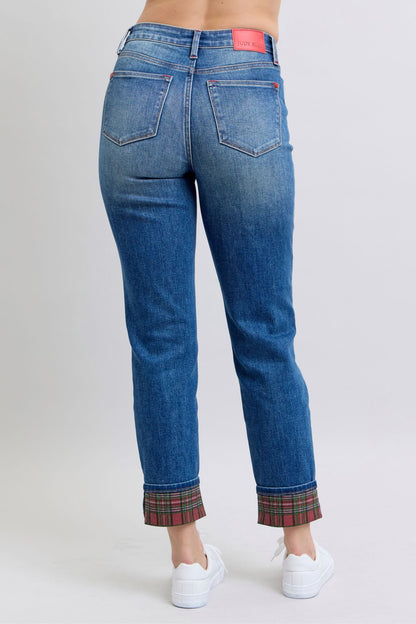 Judy Blue Plaid Print Cuff Straight Leg Jeans with Pockets