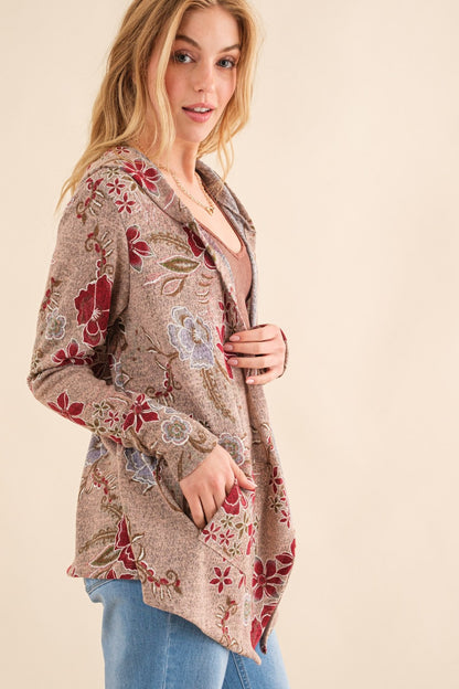 Floral Thermal Hooded Open Front Cardigan