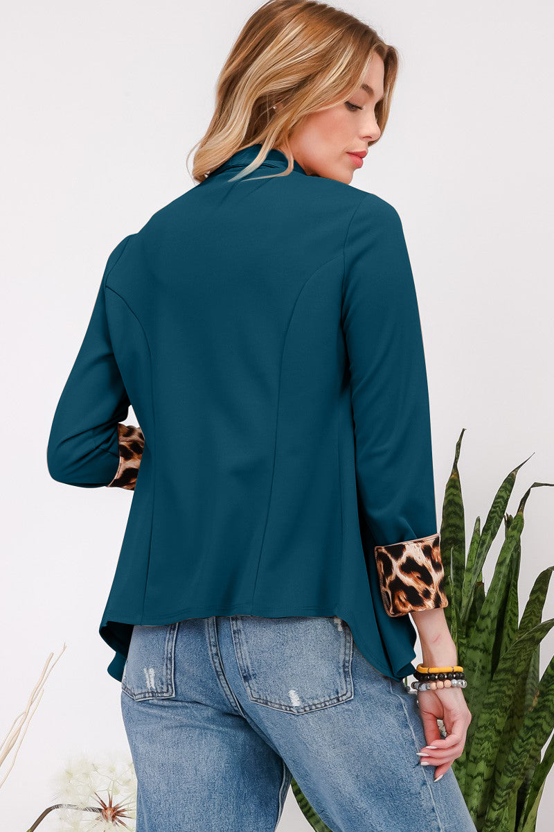 Rolled Leopard Cuff Open Front Blazer