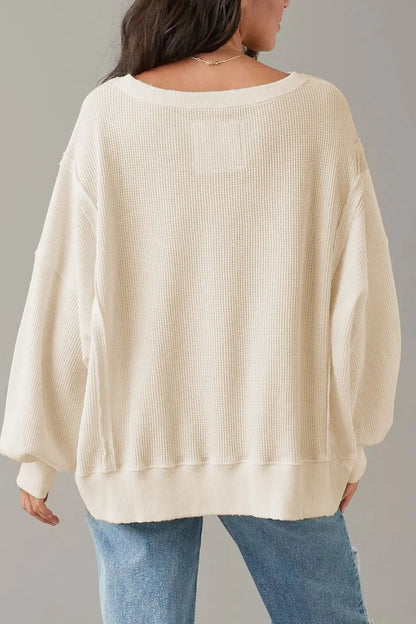 Slit Waffle-Knit Round Neck Long Sleeve Top