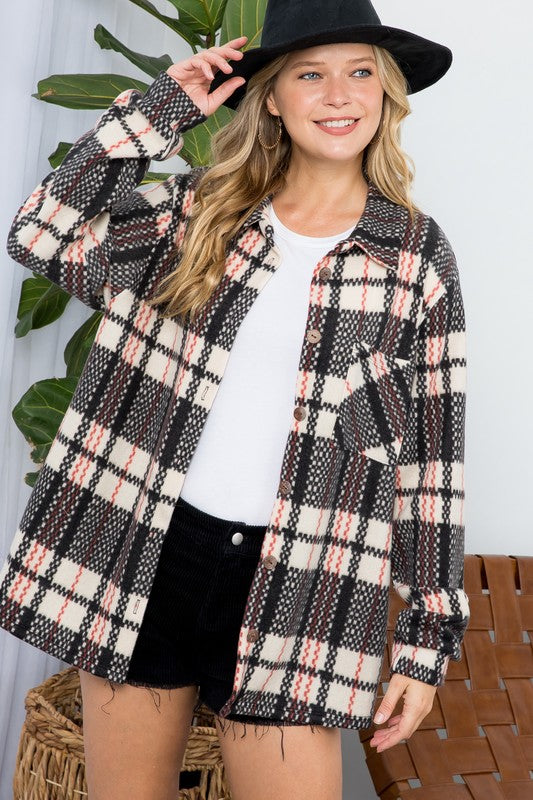 FUZZY PLAID BUTTON DOWN SHACKET