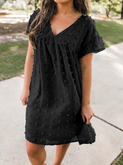 Swiss Dot V-Neck Short Sleeve Mini Dress